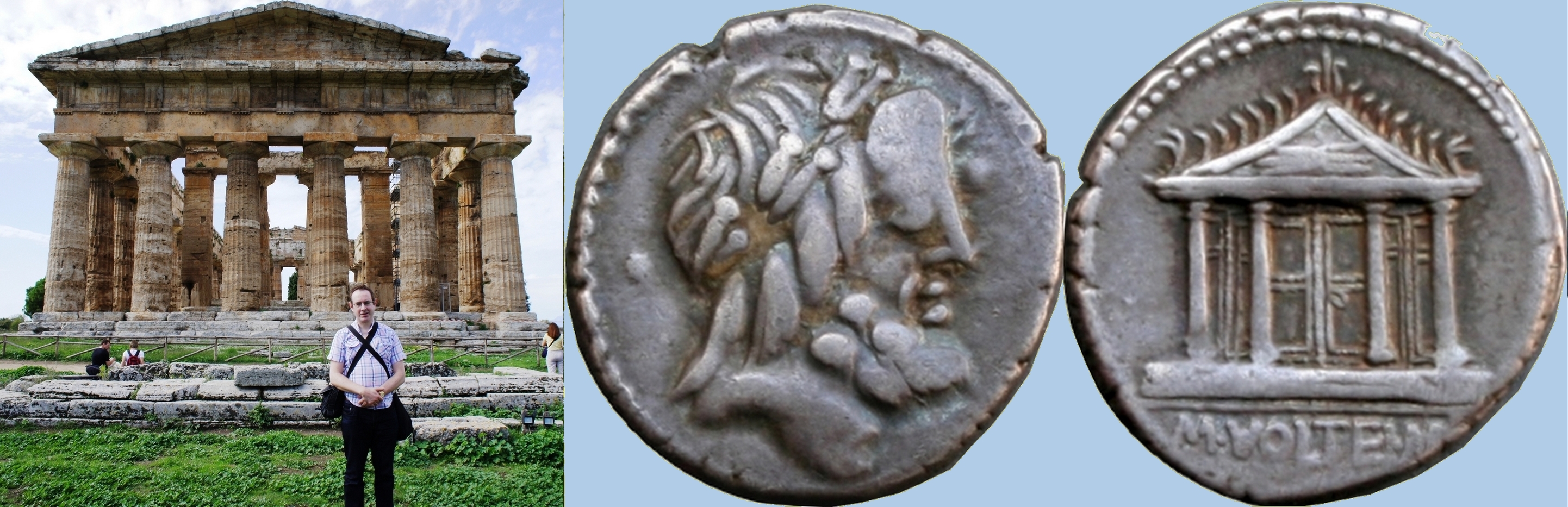385/1 coin of Marcus Volteius with Temple of Jupiter Capitolinus alongside Paestum's Temple of Hera II 450BC