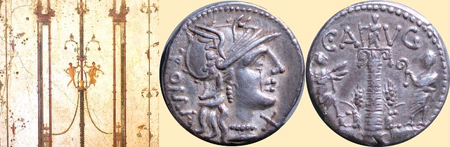 242/1 coin of Caius Augurinus 135BC with a fantasy column and ancestral figures, and fresco with fantasy columns and figures from the Roman villa at Stabiae