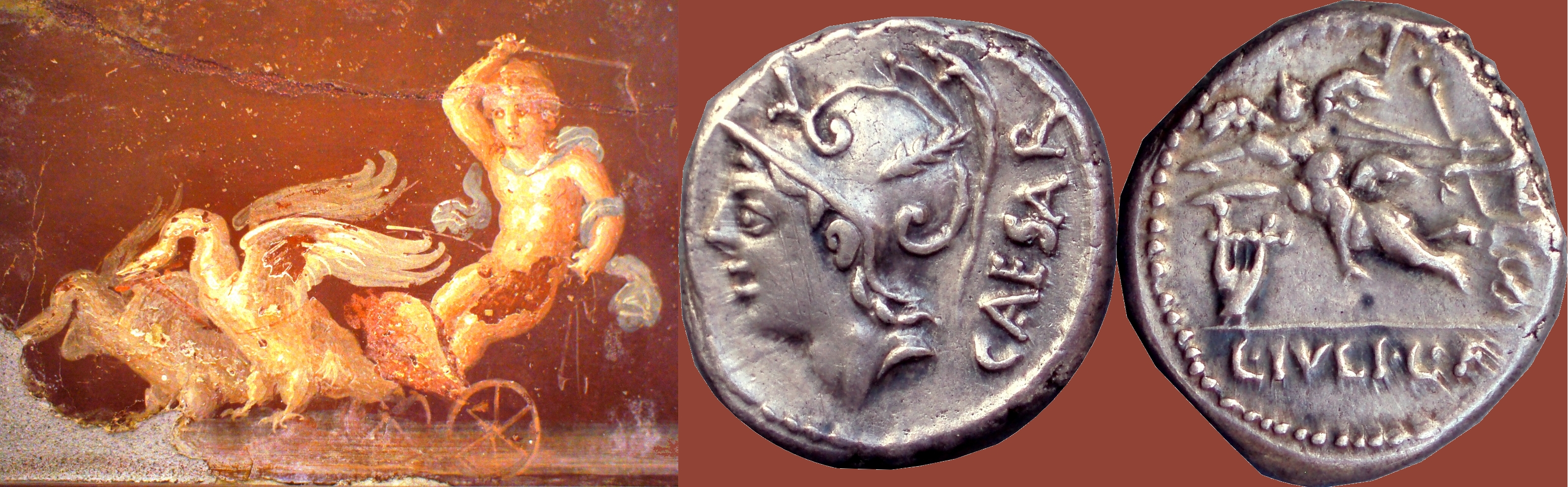 320/1 coin with Venus and a Biga of Cupids, 103BC, with miniature painting of Cupid and a Biga of Swans from Pompeii
