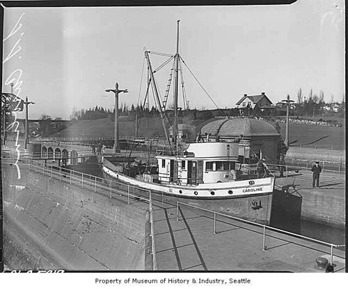 Fishing boat Caroline in Ballard locks, Seattle, 1938