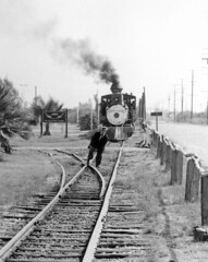 Buster Keaton and train, 1956