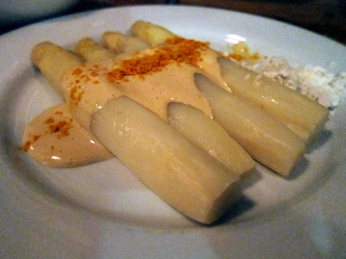 White Asparagus with Soy Sauce Hollandaise, Orange Zest and Foie Gras Powder