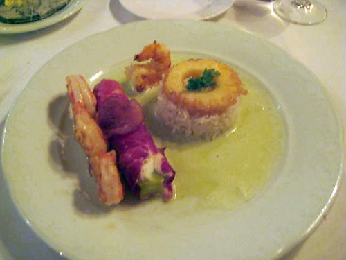 Courtright's - Willow Springs, Illinois - Grilled Shrimp, Wrapped Prosciutto Pickled Honeydew and RIcotta, Roasted Pineapple, Basmati Rice, Coconut Basil Sauce