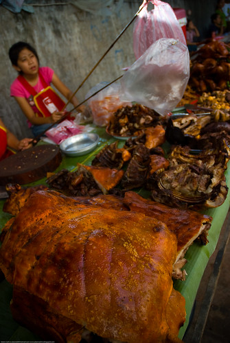 Pork for sale at a market in Luang Prabang, Laos