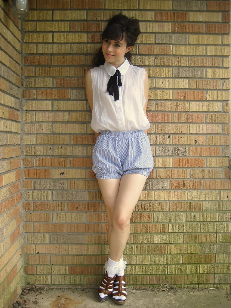 american apparel head to toe. seersucker bloomers and sheer button up