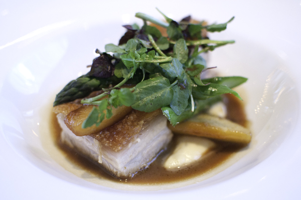 glass brasserie's pork belly with swede puree and roasted apples