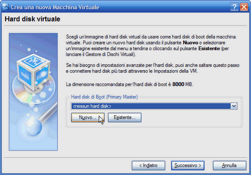 VirtualBox - scelta disco rigido virtuale, nuovo o già esistente