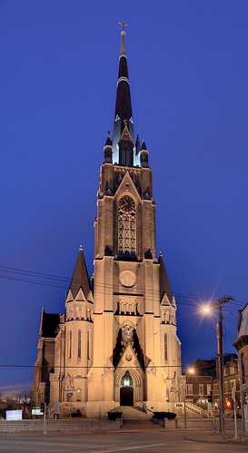 Saint Francis de Sales Oratory, in Saint Louis, Missouri, USA - tower illuminated at dusk