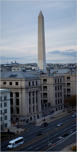 The Washington Monument stands 555 feet high