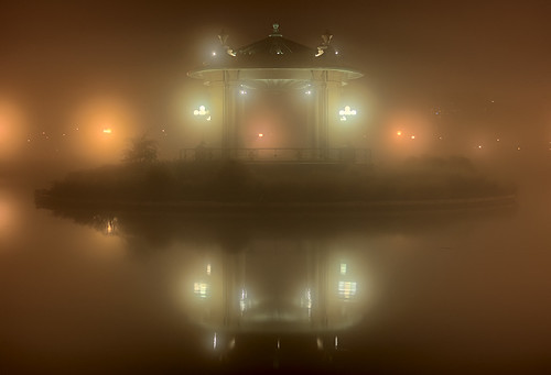 Forest Park, in Saint Louis, Missouri, USA - bandstand on Pagoda Lake, in fog at night 2