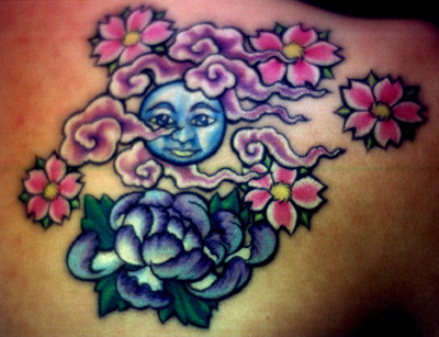Moon and Flowers Tattoo by Denise
