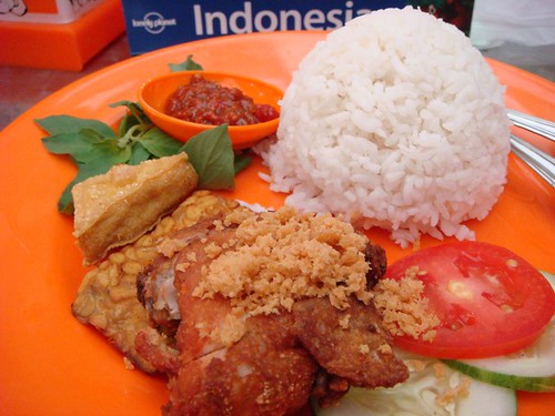 My first meal in Indonesia...Ayam penyet (fried chicken with veggies etc.)
