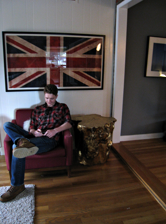 game room+decorating process+union jack flag print+gold stumps+vintage modern chair+timmy