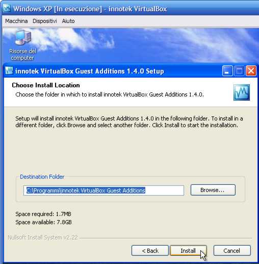 VirtualBox - Guest Additions - Windows XP: percorso d'installazione nel sistema guest