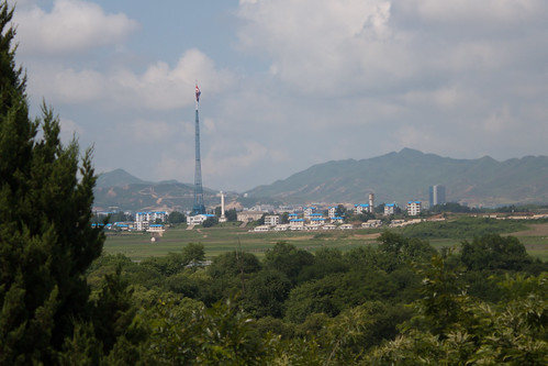 north korean flag pole. North Korean Propaganda Village and Flagpole. Unoccupied village on northern