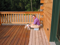 Terry staining the deck.
