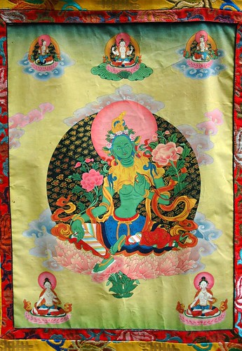 Green Tara thangka, the savior, (Chenrezig - Avalokiteshvara Bodhisattva above her), Tibetan style painting (with Nepalese style headress), Seattle, Washington, USA by Wonderlane