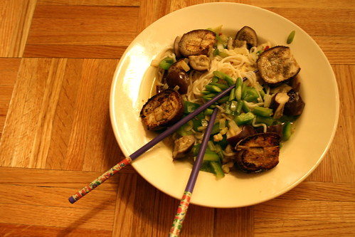 miso tofu noodles with baby eggplant