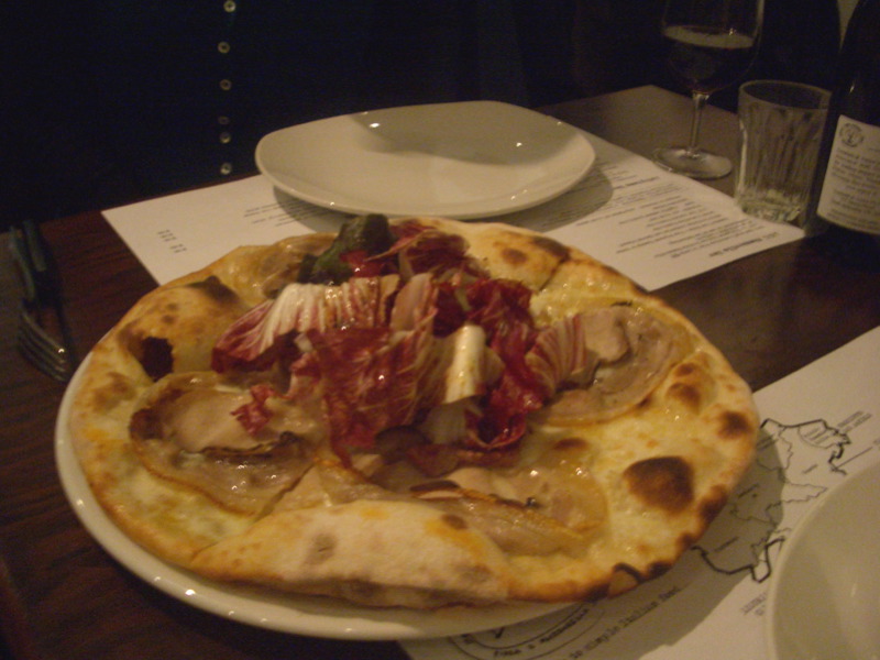 Pizza Abruzzese with porchetta, mozzarella, torre di radicchio and mostarda di frutta