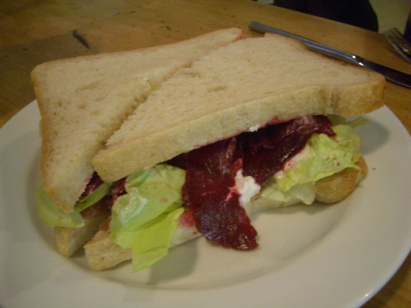 Beetroot, caramelised onion and gots curd sandwich at Commercial Bakery