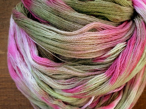 Skein of Handpainted Laceweight  Wool Yarn in Peony Colorway 2