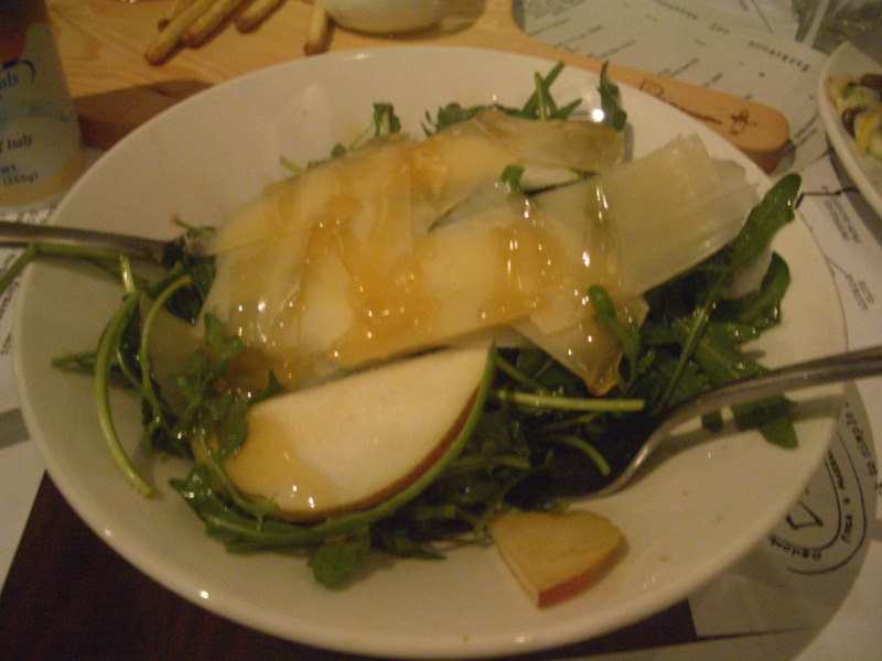 Insalatone with rocket, pear, warm honey and Sardinian pecorino