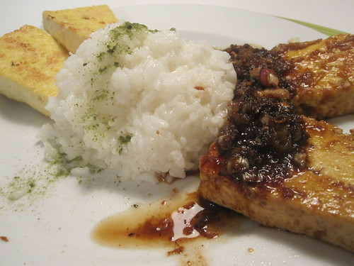 tofu steaks with ginger-garlic sauce, rice with matcha salt, daikon salad