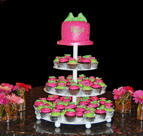 Pink raspberry and bright lime green scroll and bow cupcake tower for Baby Name Ceremony