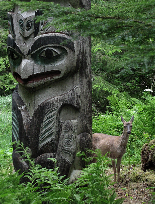 deer and totem pole, Kasaan Totem Park, Kasaan, Alaska