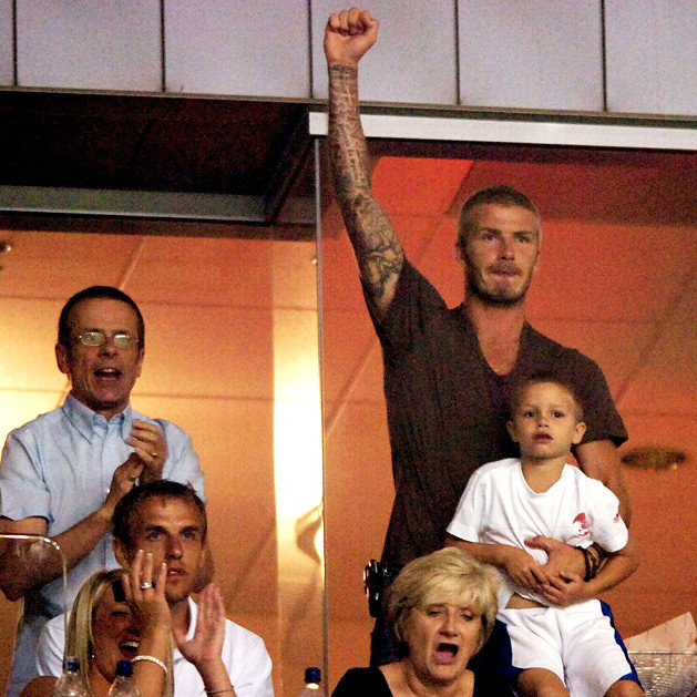 David Beckham and son Cruz root for the L.A. Galaxy alongside friends and family from a hospitality suite on July 24 in Los Angeles by HOLLYWOOD KIDS