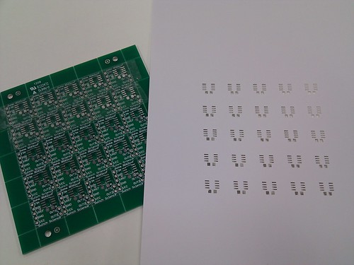 Test to make a solder stencil using the "Craft ROBO" cutting plotter (also sold as "Silhouette"). The paper is just for testing.