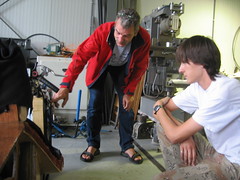 M5 engineer and Wim discuss the finer points of the plywood recumbent in Middleburg, The Netherlands