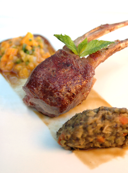 New Zealand Lamb Ribs with Lentil Quenelle and Mango Relish