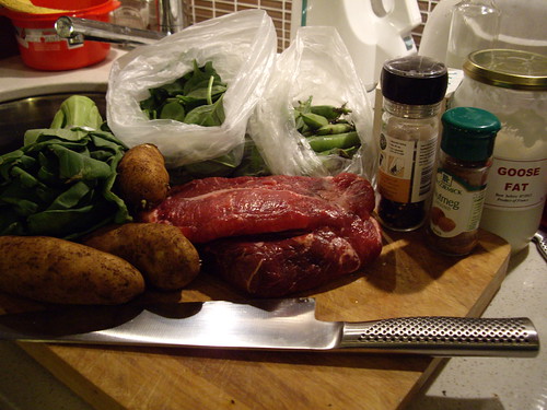 Roast beef ingredients, plus favourite knife.