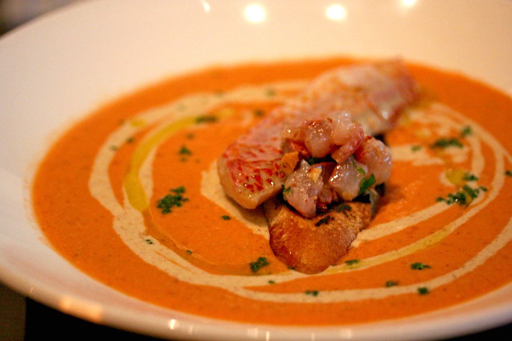 Tomato and Almond Gazpacho with Mediterranean Rouget