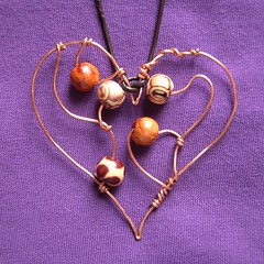 Wooden Heart- a pendant in copper wire and wooden beads