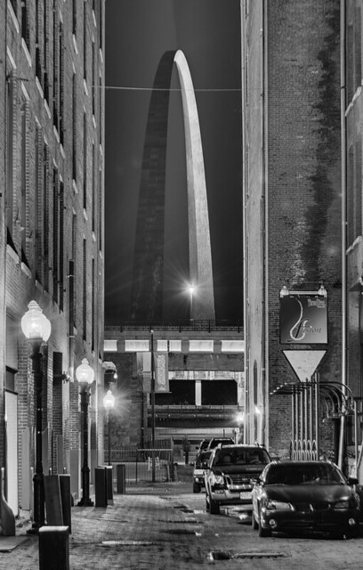 View of Gateway Arch from Laclede's Landing - black and white
