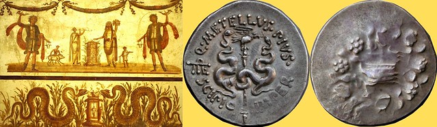Pergamon coin of Roman magistrate Metellus Scipio 49BC, with snakes and cista-mystica, and Pompeian sacrific scene with altars, pig and two snakes