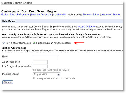 Google Custom Search Engine Adsense Setup
