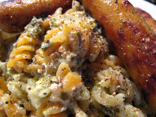 Pasta in Cheese and Spinach sauce with Satay Sausage