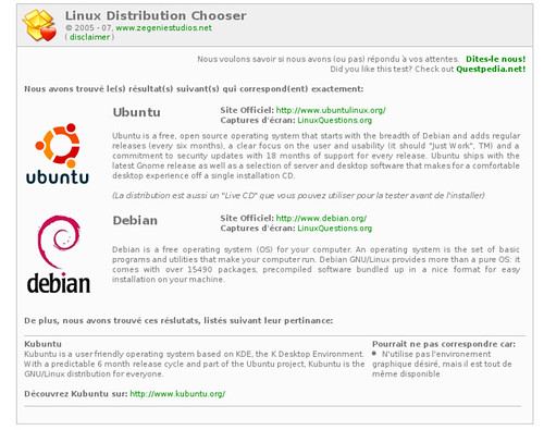 résultat du test de choix de distribution linux.