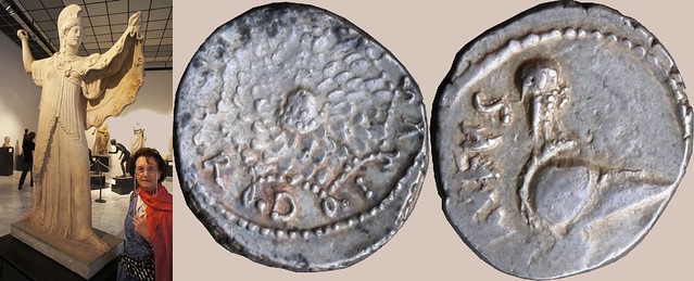 463/2 coin with Aegis, Medusa head and Owl, with statue of Nike with Aegis (scaly skin of a guardian serpent) and Medusa head on her shoulder