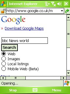 Searching for the BBC News World edition in Google Mobile