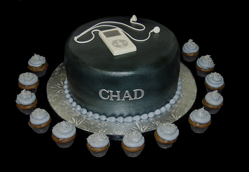 Black and silver bar mitzvah cake with mp3 player