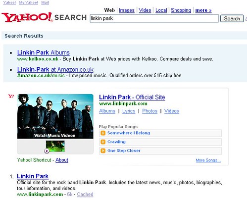 Yahoo! Music OneBox result for 'Linkin Park'
