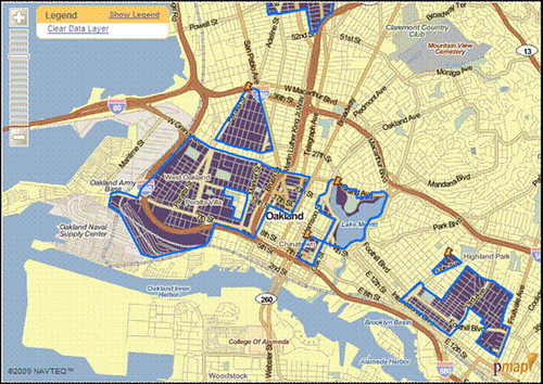low-access neighborhoods in blue, Oakland CA (by: The Reinvestment Fund)
