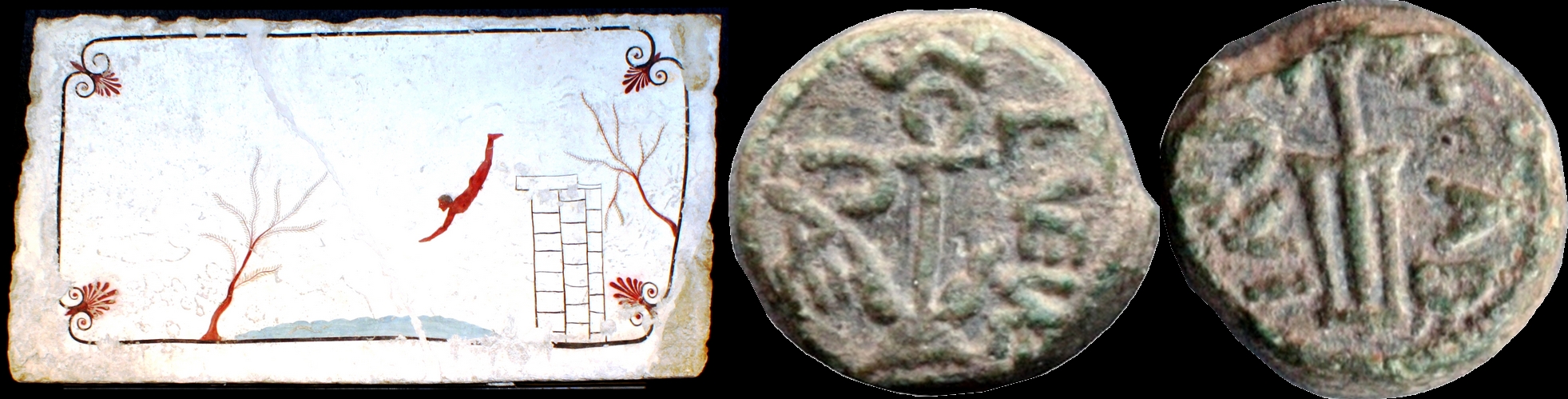 Paestum coin in the late Roman Republic with anchor and rudder, and Paestum's Greek-period Tomb of the Diver 480BC, the journey of the soul to the afterlife, into the unknown.