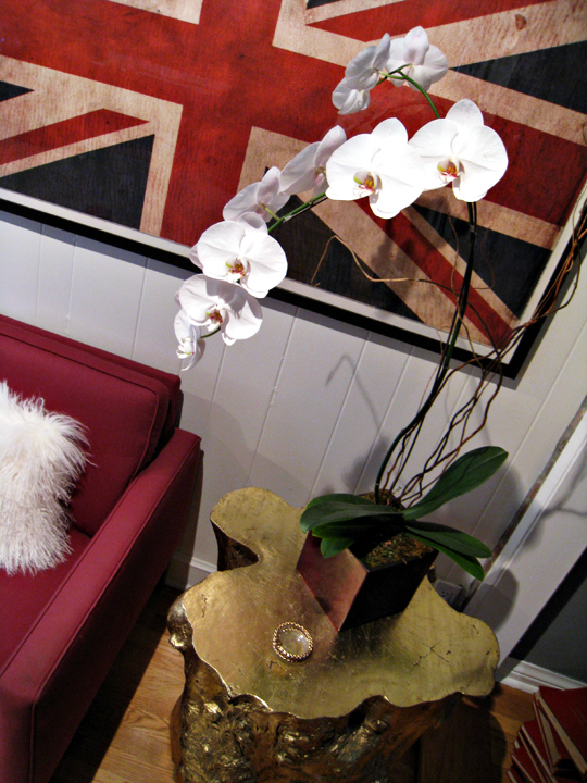large white orchids+union jack flag print+gold stumps+game room decor+mongolian hair pillow