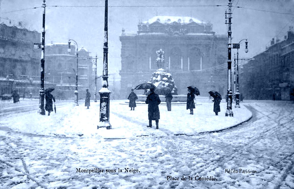 neige place de la Comédie à Montpellier en janvier 1914