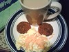 scrambled eggs w/ cheese, veggie sausage and coffee